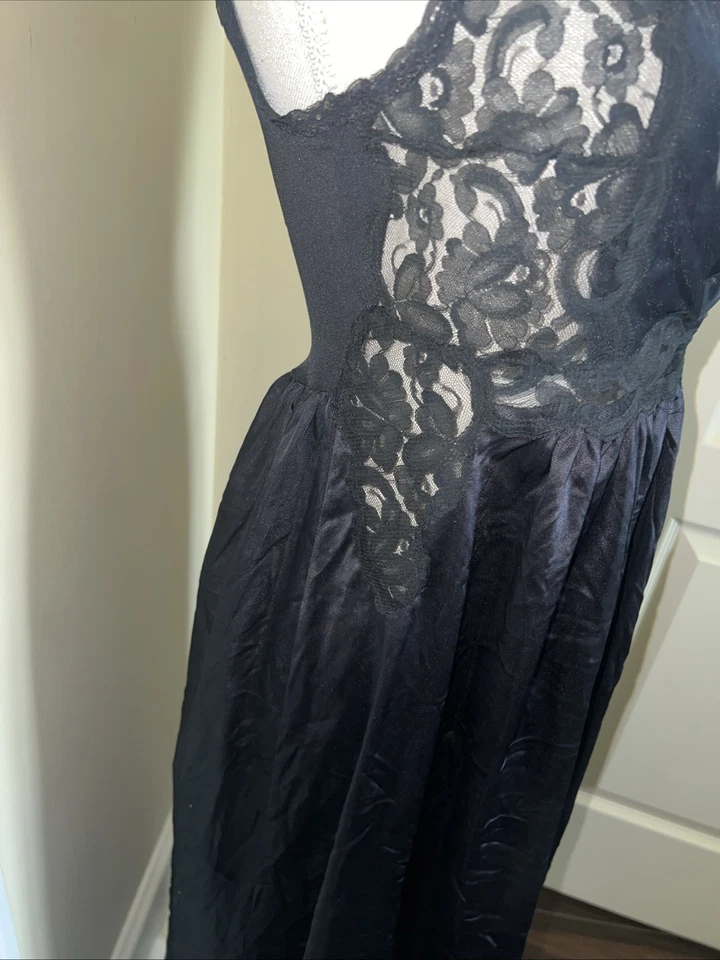 "Vestido sin Mangas Vintage Interior Most Negro Encaje Bordado 38"" Largo Talla Pequeña" Foto 3 de 4