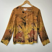 Citron Santa Monica 100% Silk Top Button Up Women Asian Peacock Yellow Artsy M