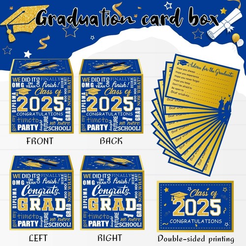 Blue and Gold 2025 Graduation Card Box, 48pcs Advice Cards, - Afbeelding 3 van 6