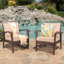 Brown PE Rattan Club Chair with Waterproof Fabric, Set of 2, Iron Frame