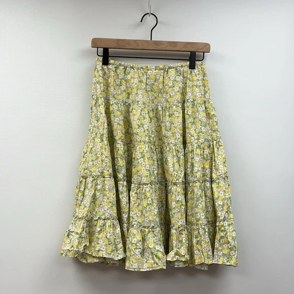 Girl's Mini Boden Lemon Floral Poplin Pull-On Tiered A-Line Skirt Yellow 13/14 - Image 4 of 4