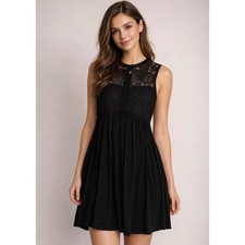 Umgee Black Lace Yoke Sleeveless Mini Dress High Neck Babydoll Womens Size L