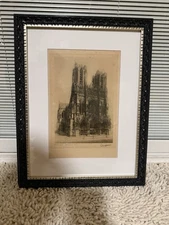 Reims Rheims Cathedral 1915 Signed & Framed Detailed Etching French Art