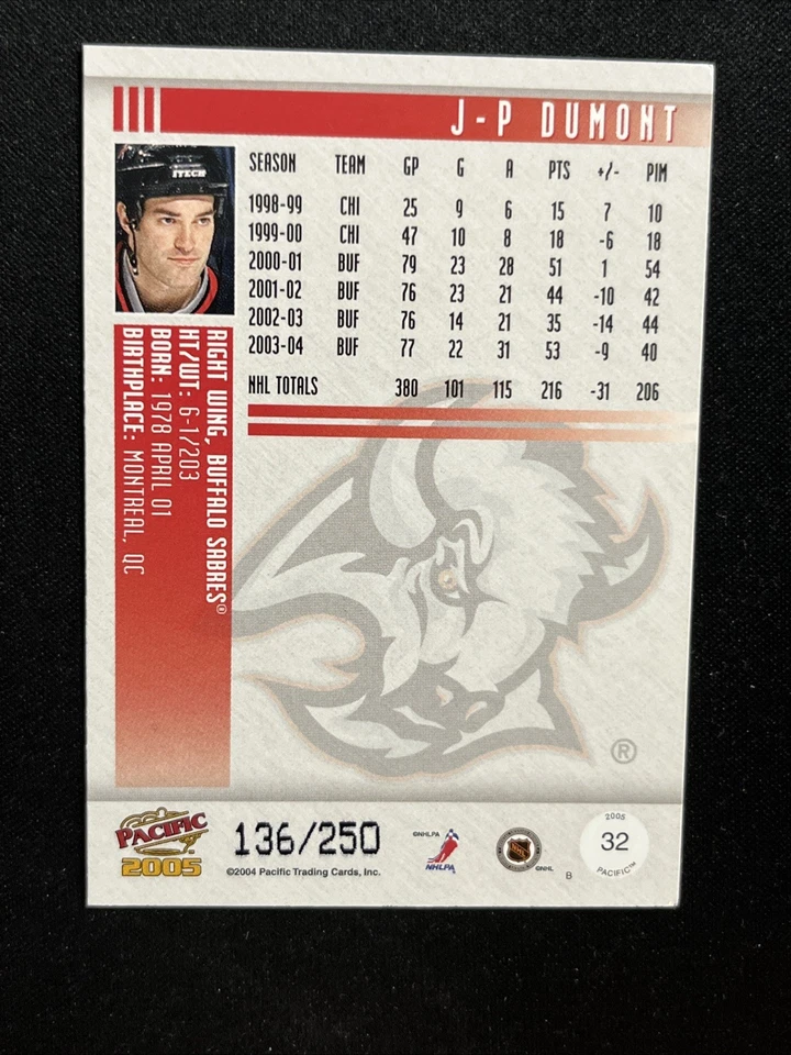 05-06 Pacific Trading Hockey Blue Foil Parallel 32 JP Dumont /250 - Image 2 of 2