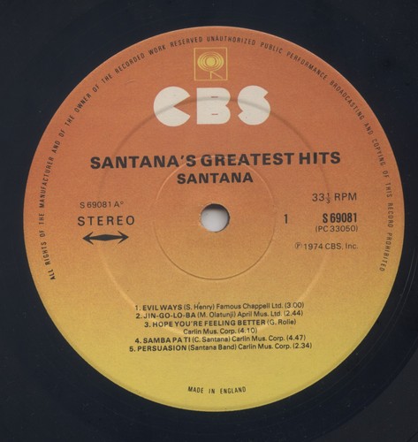 SANTANA'S GREATEST HITS. 1974 UK BLUES ROCK 12" COMPILATION L.P. INNER SLEEVE. - Picture 4 of 5
