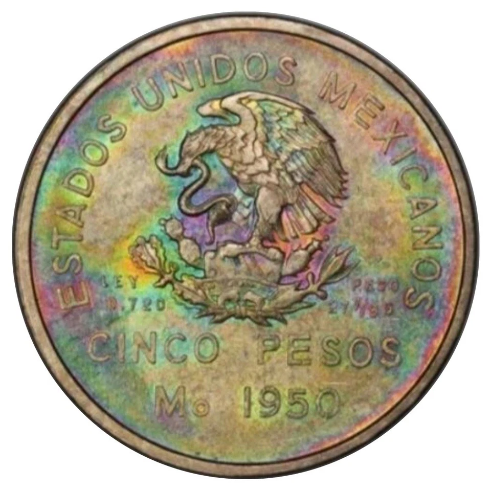 1950-México Prata 5 Pesos-Estrada de Ferro do Sudeste-PCGS MS 63-Elite Tom Colorido - Imagem 2 de 4