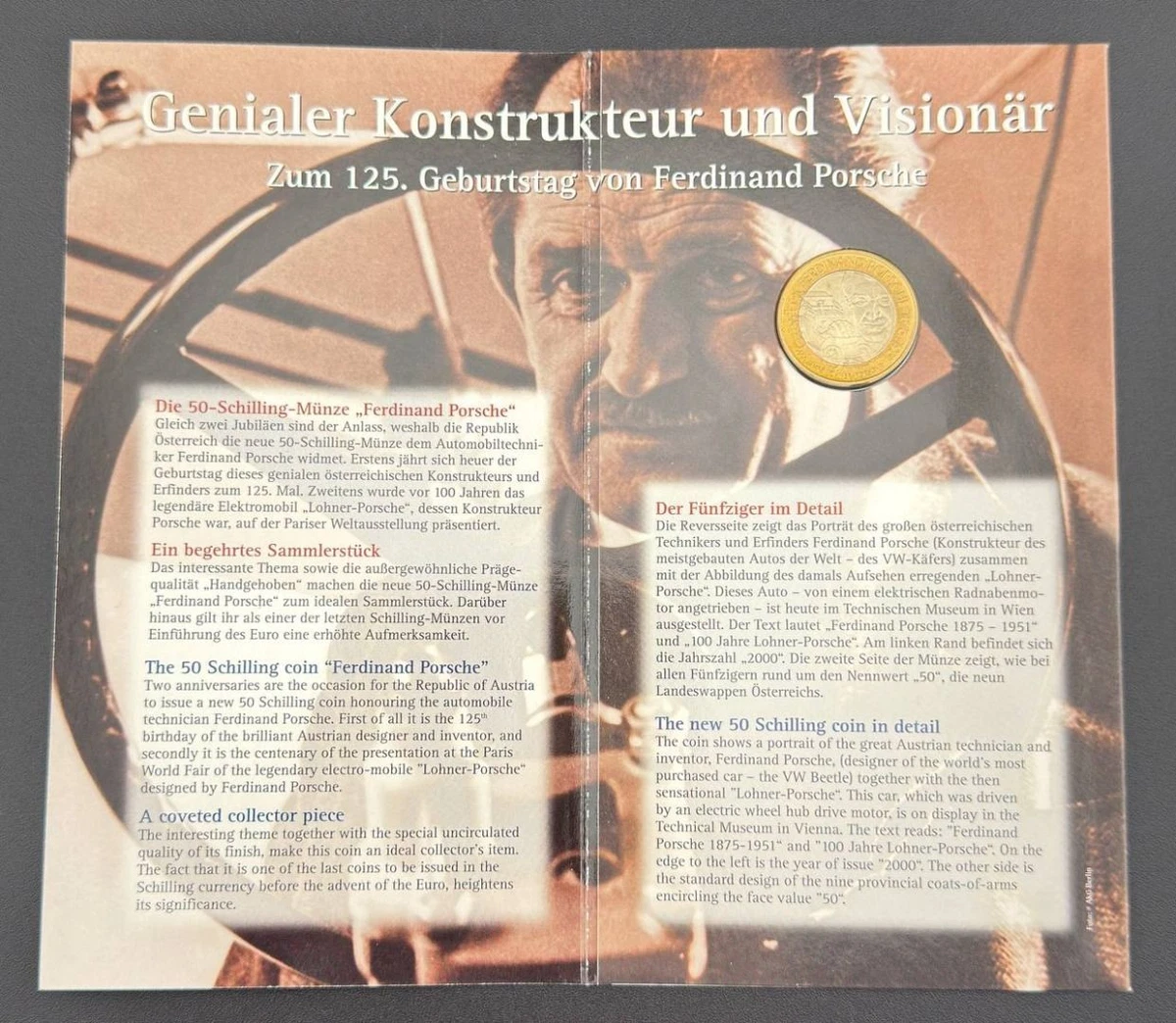 50 Schilling Österreich 2000 Ferdinand Porsche Gedenkmünze