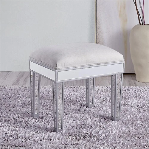 Elegant Decor Reflexion 18" Mirrored Fabric Vanity Stool in Beige and Silver - Picture 2 of 10