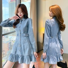 Donna Jeans Camicia Abiti Corto Increspatura Bottoni a-Line Manica Lunga Casual