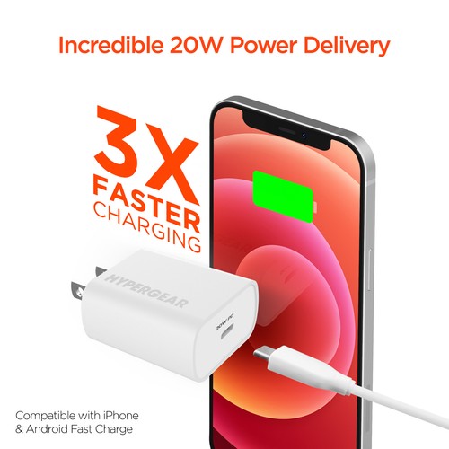 HyperGear 20W USB-C PD Wall Charger White, Compatible w Smartphone Fast Charge - Picture 2 of 9
