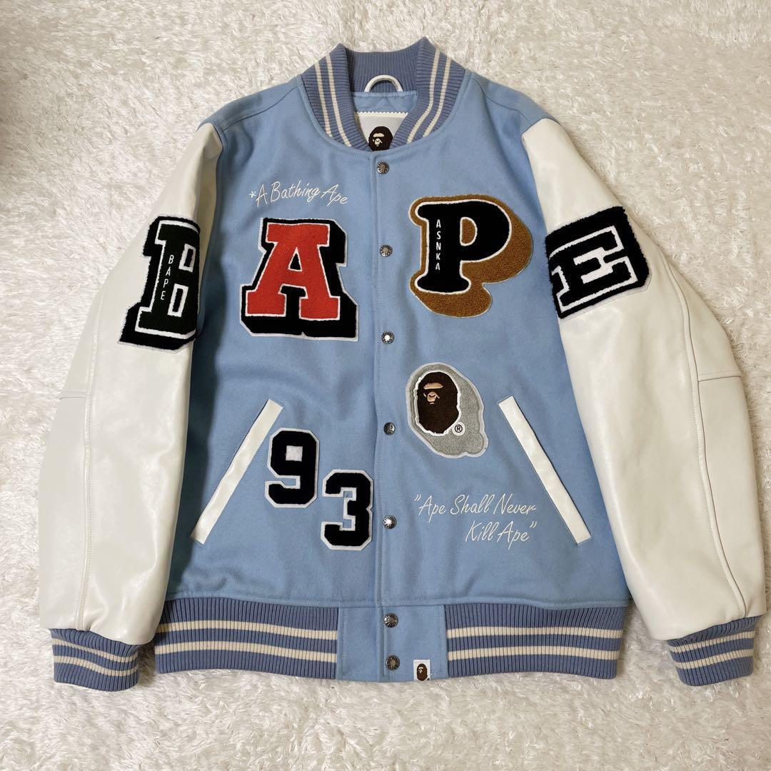 A Bathing Ape 22SS Crazy Patch Varsity Jacket XL Blue Wool Used