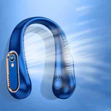 3000mA Portable Hanging Neck Fan Bladeless/Digital Display/USB Rechargeable/blue