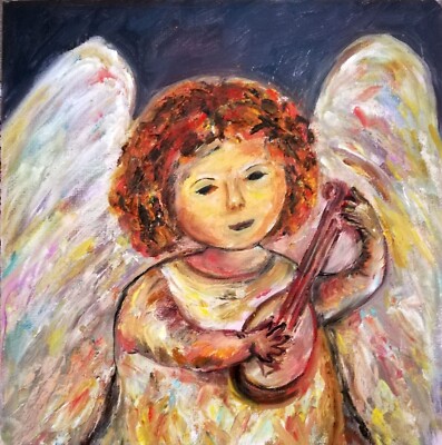 Angel Guardian Painting Original Oil on Canvas Portrait Sacred Wings Wall Decor