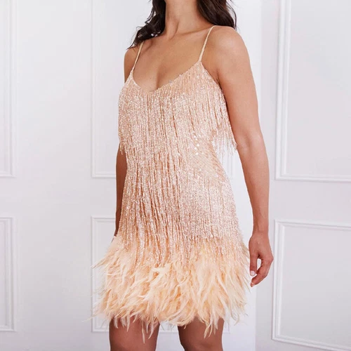 Women Fringe Sequin Feather Stitching Dress Slim V-Neck Dresses Female Slip - Imagen 15 de 33