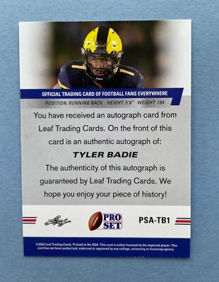 2022 Leaf Pro Set Tyler Badie Autograph #PSA-TB1 Rookie RC Denver