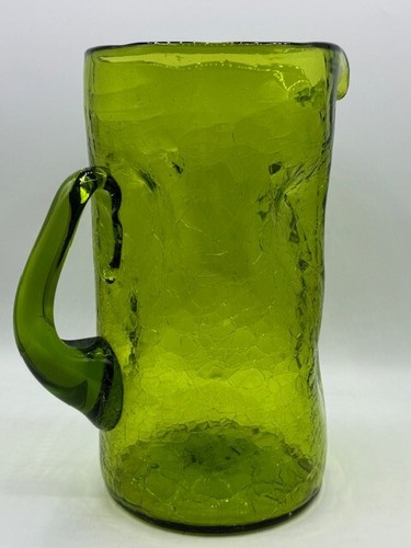 Blenko Glass Hand Made Crackle #6714 Olive Green Pitcher Joel Myers 10" 1967 - Picture 19 of 23