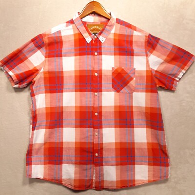 Red Camel Mens Short Sleeve Button Shirt Sz.2XL/Red Coral Blue Plaid/Cotton 