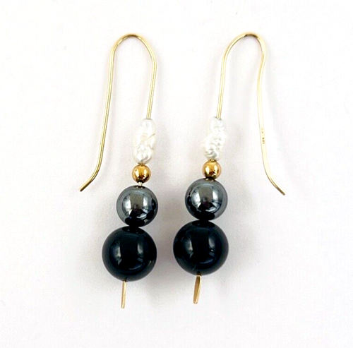 Signierte LRS 14K Gelbgold Onyx Perle Tropfen Ohrringe - Bild 4 von 7