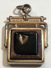 Antique Victorian Gold Filled Watch Fob Charm Pendant Drop Black Onyx? & Etched