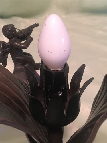 Tulip Table Lamp w/ Leaves Pink Green Yellow Glass, Metal Cherub Playing Violin - Picture 16 of 18