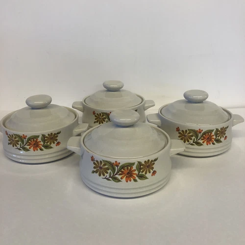 Vintage 1970s Capri Bake Serve 'N Store Stoneware Casserole Dish Floral Lot Of 4