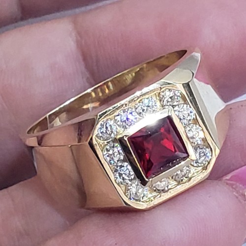 Mans 14k solid yellow Gold Square red Ring S 10 11 12 - Picture 8 of 19