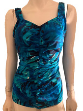 Vntg Rose Marie Reid swimsuit one piece leaves abstract blue white black size 16