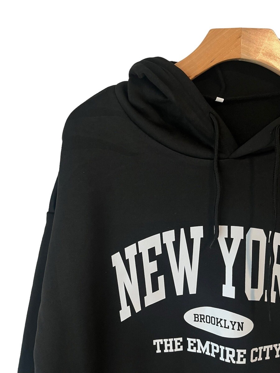 Shein Hoodie Womens XL Black NY Brooklyn Pockets Pull Over Hooded