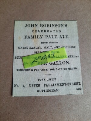1887 NOTTINGHAM JOHN ROBINSONS FAMILY PALE ALE Original Vintage Zeitungsanzeige