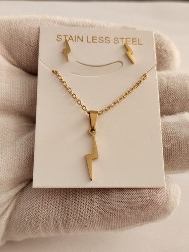 Stainless Steel Gold Plated Lightning Bolt Earrings, Necklace Set, Rolo Chain - Imagen 2 de 2