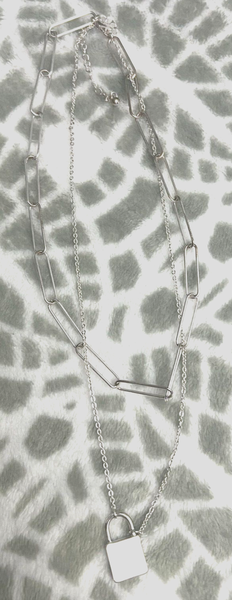 Silver-Toned Layered Necklace Lock Pendant Chains Paper Clip