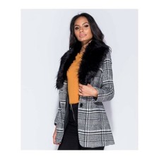 Fur Collar Black And White Check Jacket. Size 8