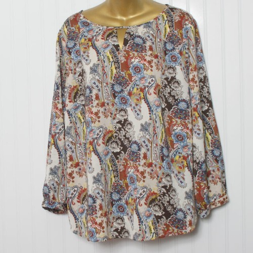 Chico's 3 Brown Blue Floral Paisley Long Sleeve Neck Cutout Poly Tunic Blouse XL