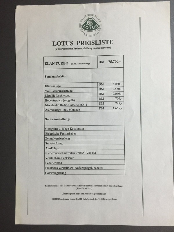 1991 Lotus Elan Price List Showroom Sales Sheet / Brochure German RARE!! Awesome