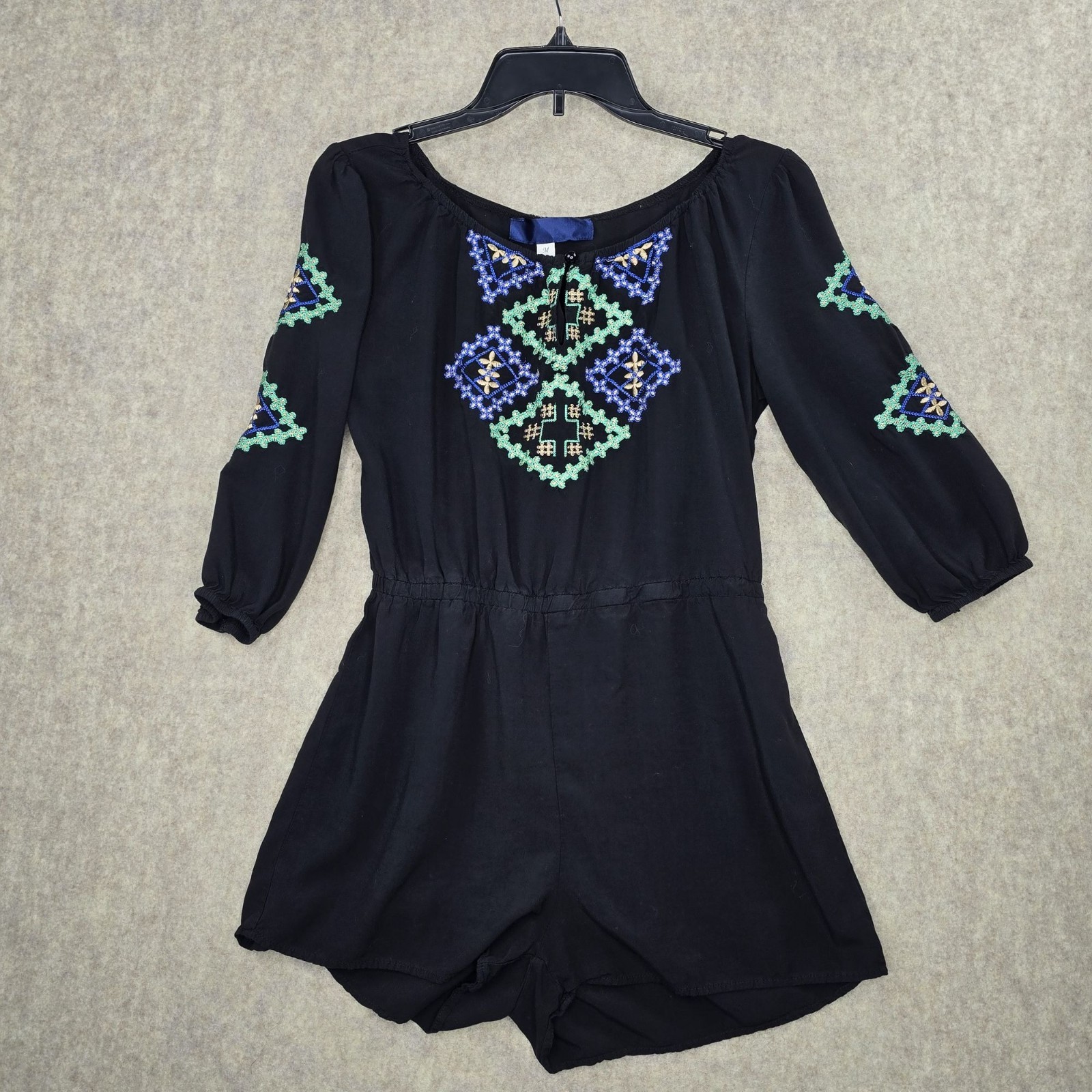 Black Womens Embroidered Romper With 3/4 Sleeves Size M Boho Style Elastic Waist