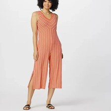 Cuddl Duds Flexwear V-Neck Wide Leg Jumpsuit-Coral Stripe-Tall Large-NEW-A373508