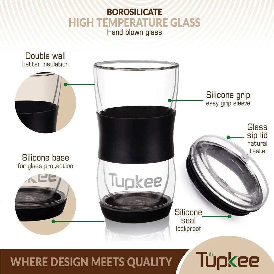 Tupkee Double Wall Glass Tumbler - 20-Ounce, All Glass Coffee Travel Mug & Lid - Image 3 of 4