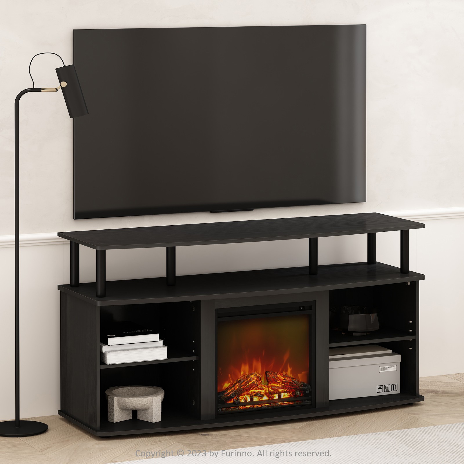 Furinno Jensen No Heat Decorative Electric Fireplace TV Stand in Americano/Black