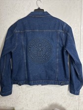 Made In USA Blue Jean Trucker Jacket With Army Embossed Back TYCA EUC