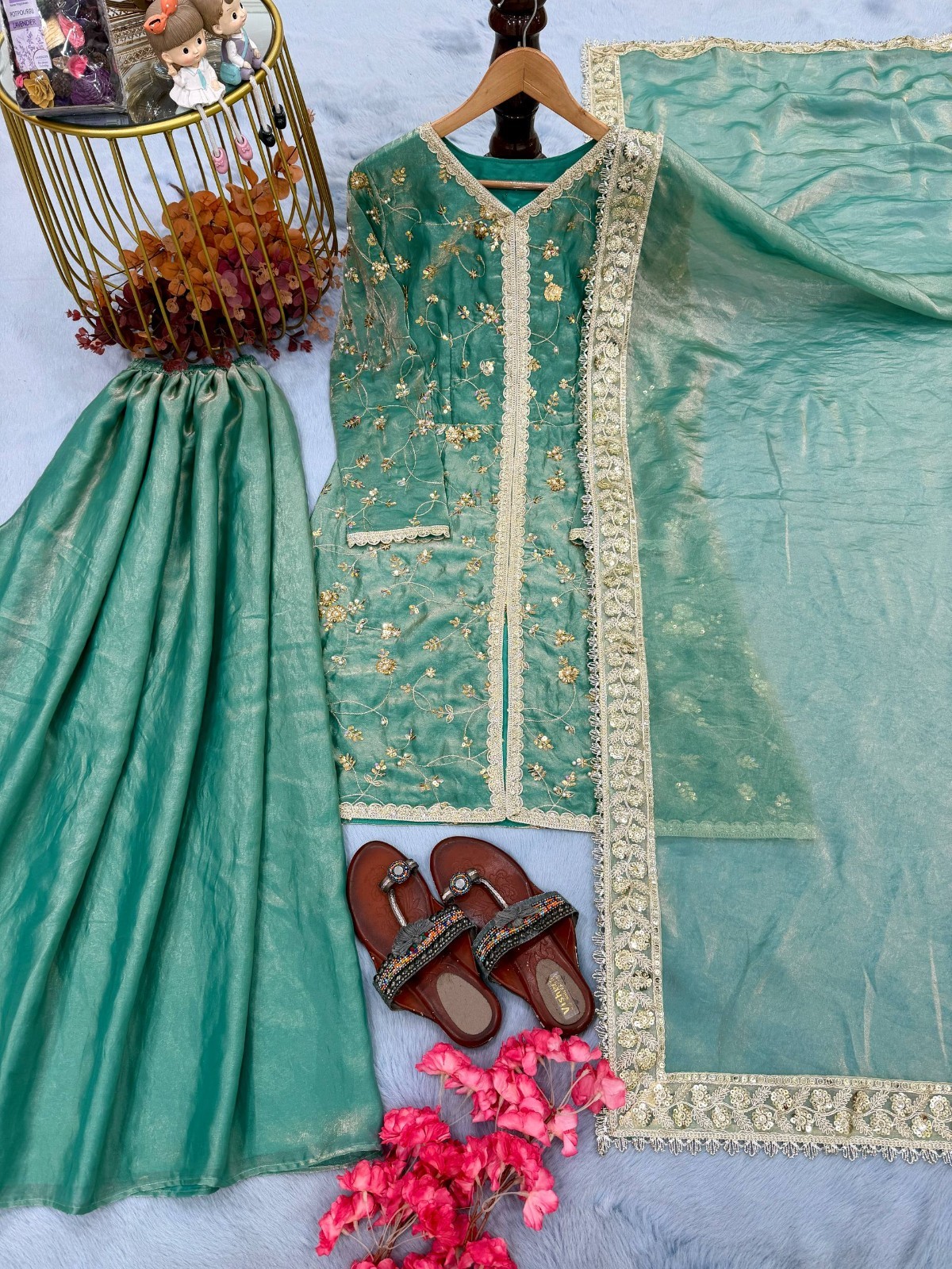 New Presenting Fendi Silk Teal Green Top Palazzo With Dupatta For Women Wear thumbnail 2