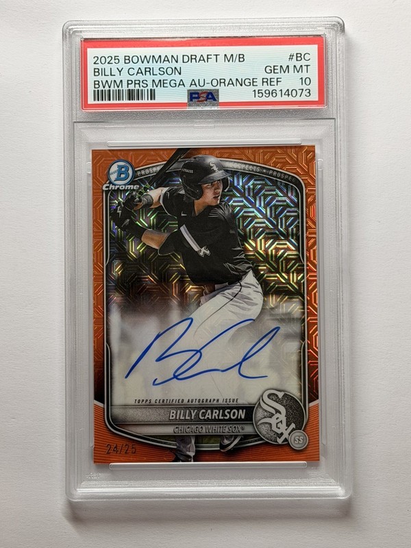 2025 Bowman Draft M/B Billy Carlson Auto #BMA-BC Orange Refractor /25 PSA 10 