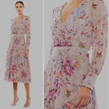 MAC DUGGAL 9147 Multicolor Embellished Floral Long Sleeve Midi Dress Size 16 NWT