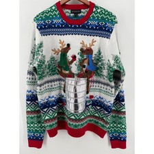 Ugly Christmas Sweater Mens Large White Reindeer Keg Stand Holiday Party Novelty