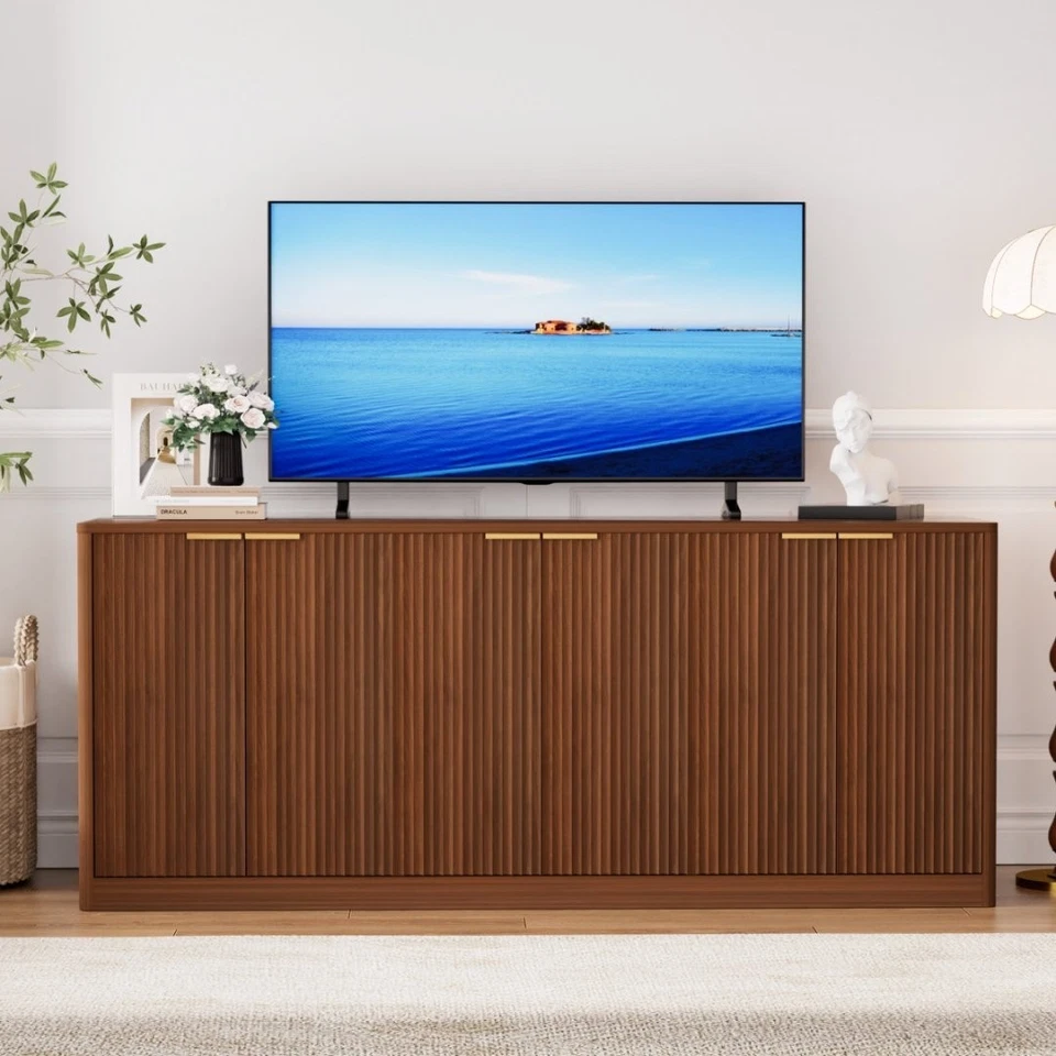 67" Fluted Sideboard Cabinet with 6 Doors Wood Buffet Storage CredenzaAdjustable - Image 3 of 4