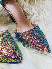 Women's Rainbow Glitter Pointed Toe Ankle Strap Heels Wedding Prom Party Shoes