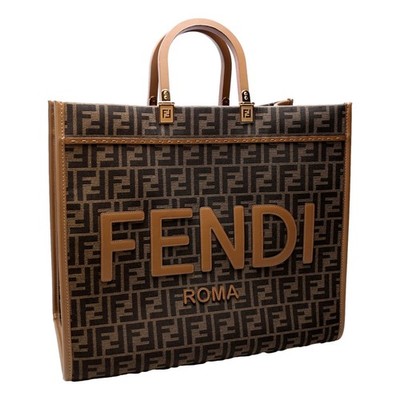 Fendi Sunshine Jacquard Canvas Leather Brown Zucca Large Tote NEW