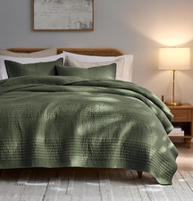 Striped Olive Green 100 Cotton Quilt California Cal King Size Bedding Sets, Ove
