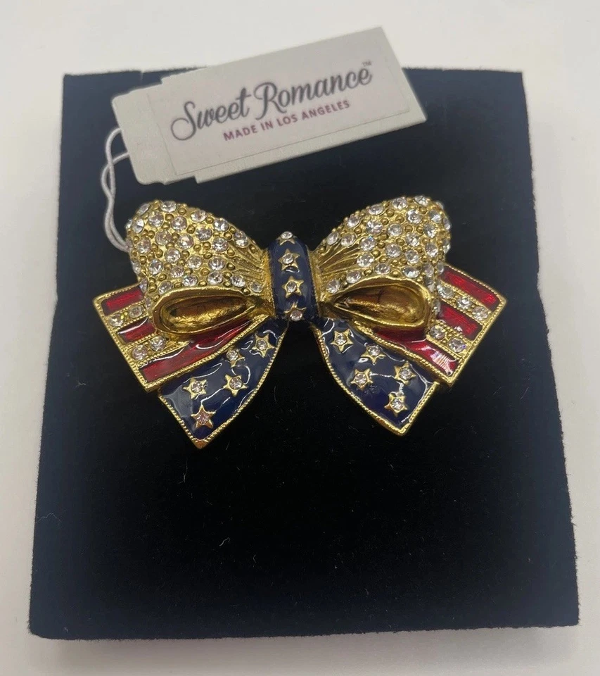 Sweet Romance USA American Flag Bow Brooch Pin Americana Patriotic US Flag - Image 3 of 3