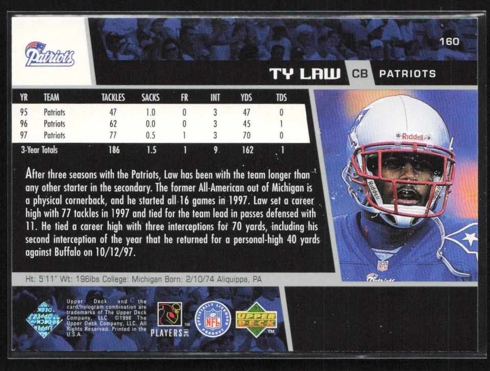 1998 Upper Deck Game Dated Ty Law New England Patriots #160 - Image 2 of 2