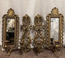 Homco Burwood Wall Candle Mirror Sconce Holder Gold Hollywood Regency Vtg 4 Set